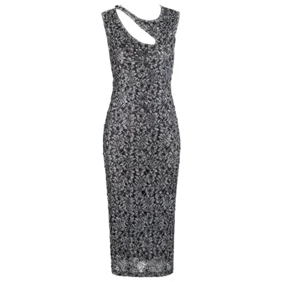 Pre-owned Alexander Mcqueen C.1999 Vtg Grey Sequin Beaded Lace Embellished Cutout Dress In Gray