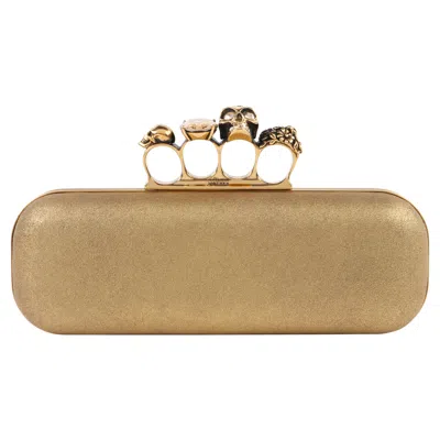 Pre-owned Alexander Mcqueen C.2013 Gold Glitter Leather Metal Knuckle Ring Duster Clutch In Brown