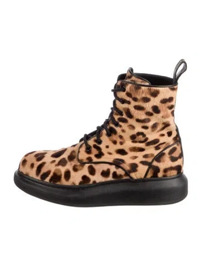 Pre-owned Alexander Mcqueen Calf Hair Animal Print Combat Boots In Brown