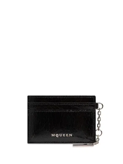 Alexander Mcqueen Calf Leather Cardholder With Logo Lettering In Black