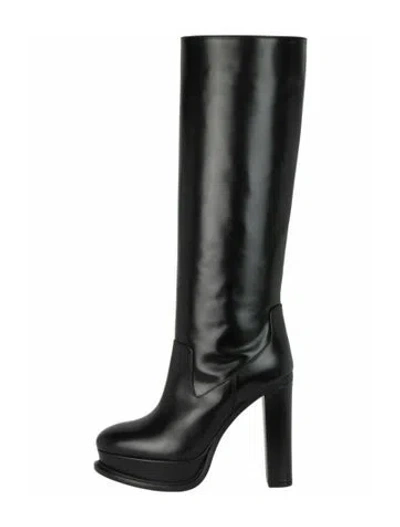Pre-owned Alexander Mcqueen Calf Leather Knee-high Boots W/ Tags In Black