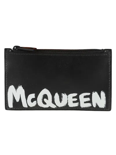 Alexander Mcqueen Calf Leather Wallet With Design In Black
