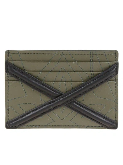 Alexander Mcqueen The Harness Embroidered Leather Cardholder In Khaki