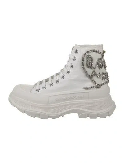 Pre-owned Alexander Mcqueen Canvas Crystal Embellishments Combat Boots In White