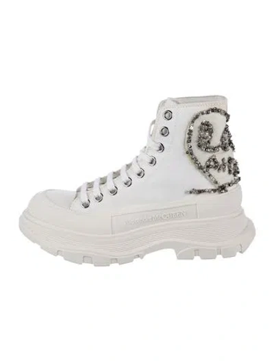 Pre-owned Alexander Mcqueen Canvas Graphic Print Combat Boots In White