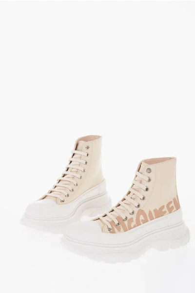 Alexander Mcqueen Canvas High-top Snekers With Platform And Logo Print In Neutral