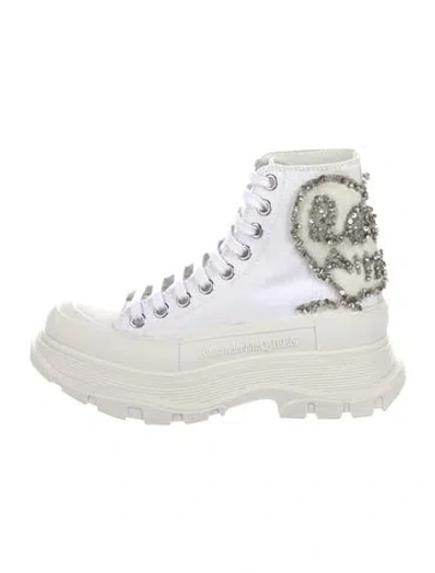 Pre-owned Alexander Mcqueen Canvas Printed Combat Boots In White