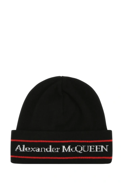 Alexander Mcqueen Knit Logo Folded Edge Beanie In Black