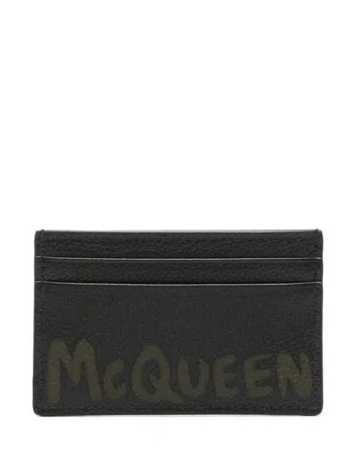 Alexander Mcqueen Graffiti Pebbled-leather Cardholder In Brown