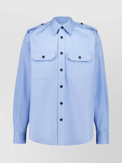 Alexander Mcqueen Casual Shirt With Embroidered Detail And Epaulettes In Blue