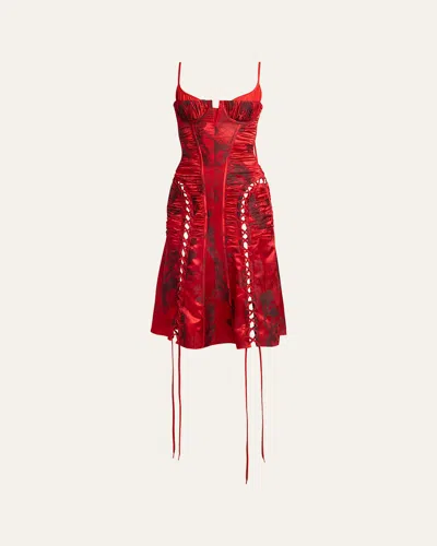 Alexander Mcqueen Certified Fluid Viscose Floral Jacquard Corset Dress In Red