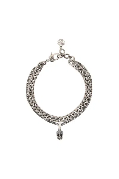 Pre-owned Alexander Mcqueen Chain Bracelet With Pave' Skull In Silver