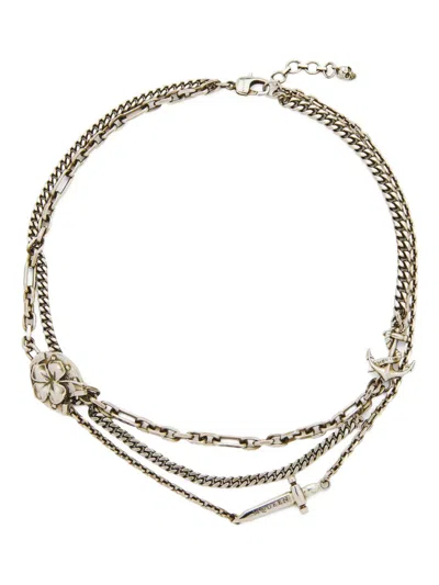 Alexander Mcqueen Chain-link Flower Dagger Necklace In Silver