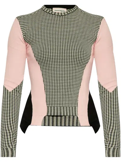 Alexander Mcqueen Houndstooth Motif Wool Crew-neck Sweater In Black