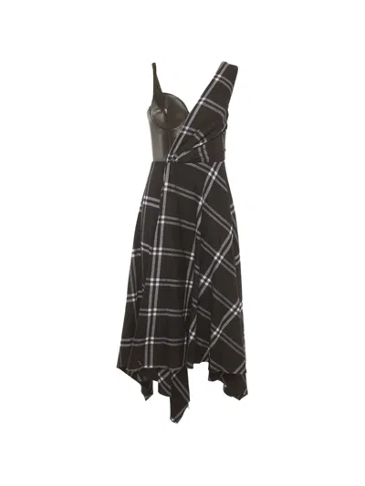Pre-owned Alexander Mcqueen Check-pattern Leather-trim Midi Dress In Black