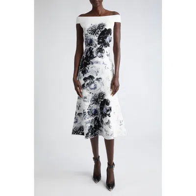 Alexander Mcqueen Chiaroscuro Floral Jacquard Off The Shoulder Knit Midi Dress In White/black/blue