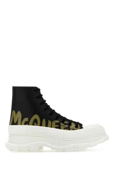 Alexander Mcqueen Classic Black Leather Tread Slick Sneakers For Men
