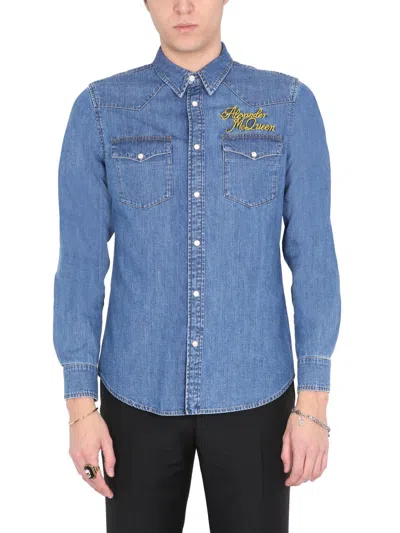 Alexander Mcqueen Classic Embroidered Logo Shirt For Men In Blue