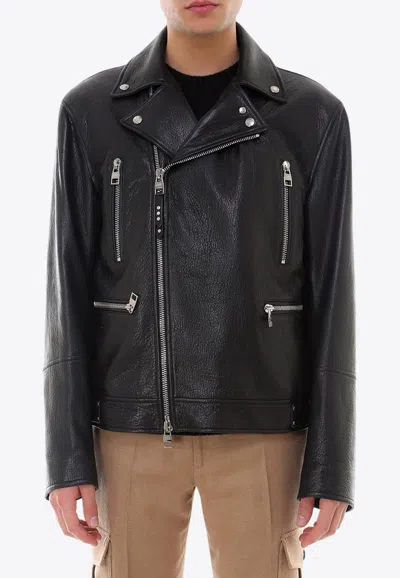 Alexander Mcqueen Classic Leather Zip-up Biker Jacket In Black