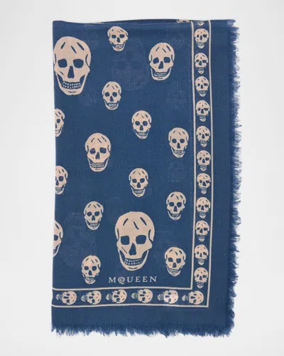 Alexander Mcqueen Classic Skull Wool Scarf In Blue