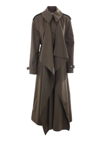 Alexander Mcqueen Double-breasted Trench Coat With Draped In Khaki