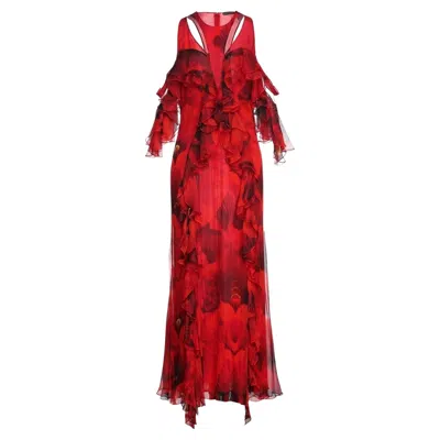 Pre-owned Alexander Mcqueen Cold-shoulder Floral Print Silk-chiffon Maxi Dress Gown 44 - 8 In Red