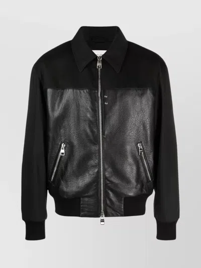 Alexander Mcqueen Collared Leather Jacket With Ribbed Accents In Nero