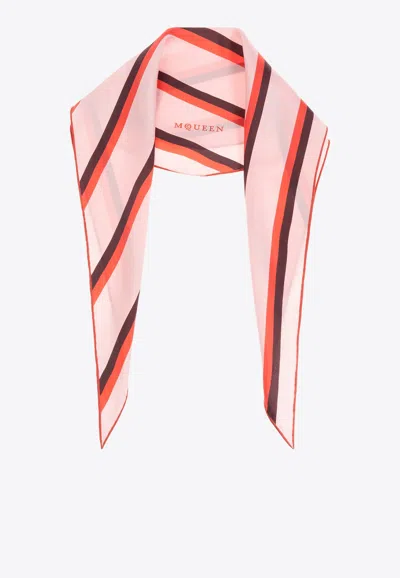 Alexander Mcqueen College Stripe Silk Losange Scarf In Pink