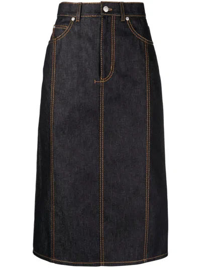 Alexander Mcqueen Contrast-stitch Denim Midi Skirt In Dark Red