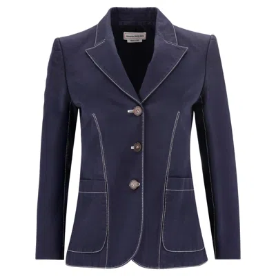 Pre-owned Alexander Mcqueen Contrast-stitch Cotton Blazer In Black