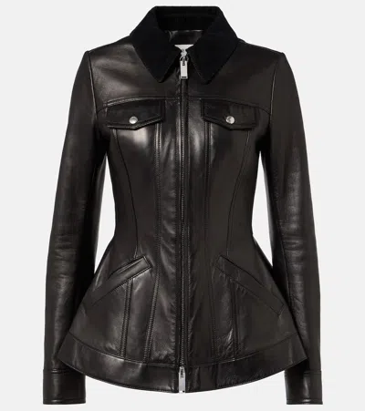 Alexander Mcqueen Corduroy-trimmed Leather Peplum Jacket In Black