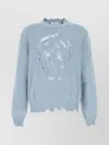 Alexander Mcqueen Cotton Crew Neck Sweater With Distressed Detailing In Blue