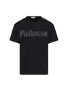 Alexander Mcqueen Black T-shirt With Glitter Logo Print In Cotton Man In Black
