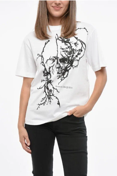 Alexander Mcqueen Cotton Crew-neck T-shirt With Frontal Floral-print In White
