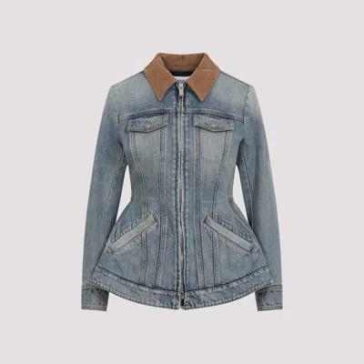 Alexander Mcqueen Corduroy Collar Peplum Denim Jacket Clothing In Blue