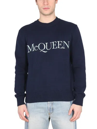 Alexander Mcqueen Cotton Logo Embroidery Jersey In Blue