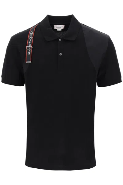 Alexander Mcqueen Men's Short-sleeved Polo Shirt With Tonal Poplin Harness Detailing In Black