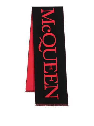 Alexander Mcqueen Cotton Scarf With Oversize Logo In Black