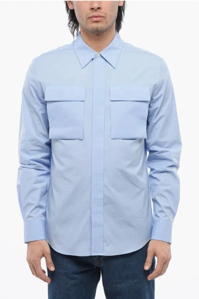 Alexander Mcqueen Cotton Shirt With Patch Breast-pockets In Blue