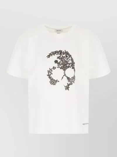 Alexander Mcqueen Cotton T Shirt Crew Neck Floral Embroidery In White