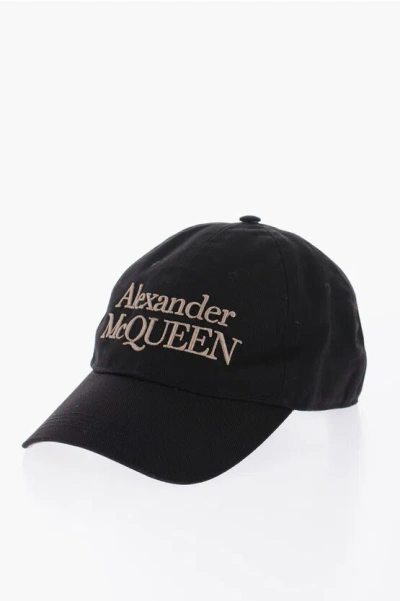 Alexander Mcqueen Cotton Twill Stacked Baseball Cap With Embossed Logo In Black