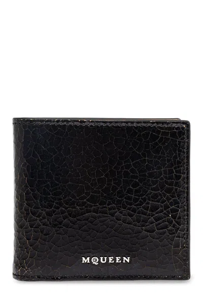 Alexander Mcqueen Crackled Logo Lettering Bi-fold Wallet In Nero E Beige