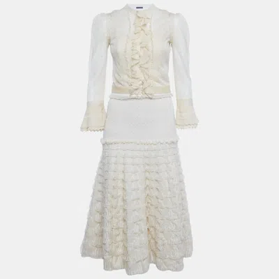 Pre-owned Alexander Mcqueen Cream Jacquard Knit Ruffled 3 Pc Skirt Set S In White