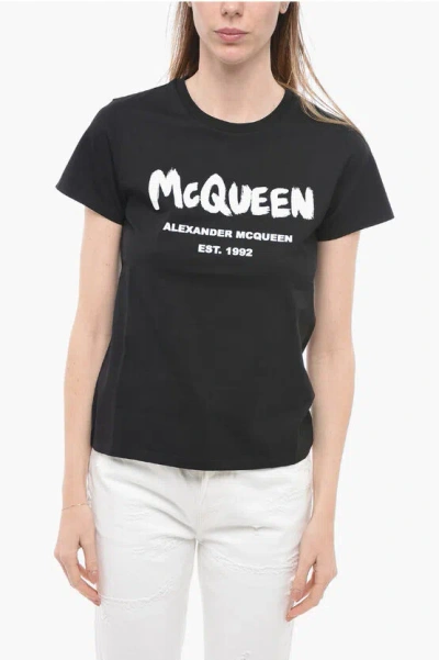 Alexander Mcqueen Crew Neck Cotton T-shirt With Printed Logo In Black