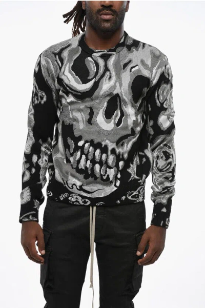 Alexander Mcqueen Crew-neck Sweater In Metallic Fabric With Jacquard Skull Mot In Black