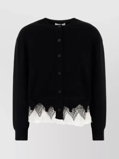 Alexander Mcqueen Crew Neck Wool Blend Cardigan With Lace Trim In Black