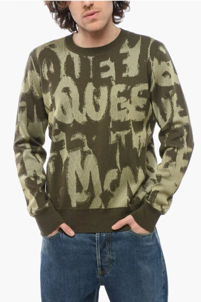Alexander Mcqueen Crew Neck Wool Blend Sweater With All-over Jacquard Logo In Green