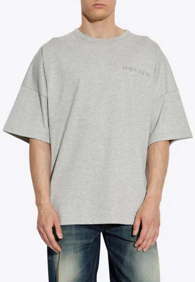 Alexander Mcqueen Crewneck T-shirt With Printed-logo In Gray