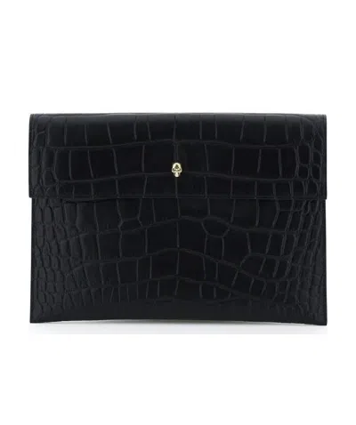 Alexander Mcqueen Croc Effect Envelope Clutch Bag In Black
