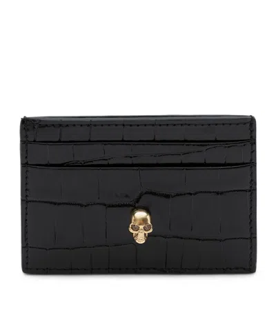 Alexander Mcqueen Croc-embossed Leather Skull Card Holder In Black